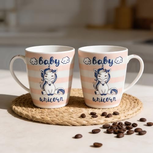 Image of U.P.C.Milk Mug Set of 2 | Ceramic & Bone China Coffee Milk Cups | Designer Printed Tea Coffee Mug Set | Large Capacity Milk Mugs | Microwave Safe Cup Set | Drinkware Gift Set (Baby Unicorn-Pink)