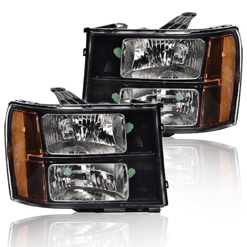 Image of GRAND ORANGE Headlights Assembly Compatible with 2007-2013 GMC Sierra 1500 /Fit for 07-14 GMC Sierra 2500HD 3500HD Headlamps Clear lens Black Housing Amber Reflector