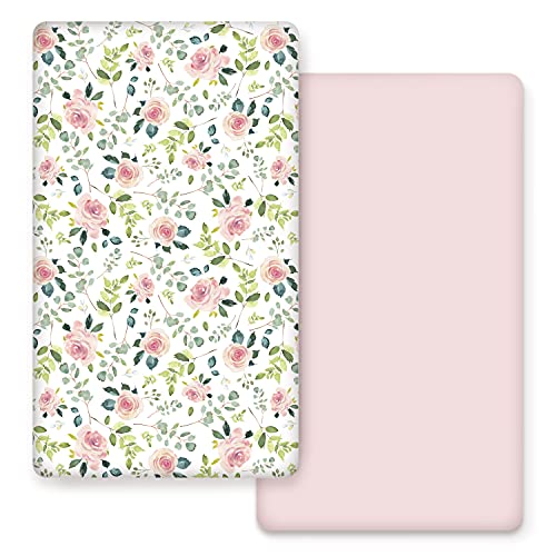 GRSSDER Stretchy Ultra Soft Jersey Knit Fitted Crib Sheets Set 2 Pack, Cozy Crib Sheet Girl Fits All Standard Crib Mattress Pads, Beautiful Pink Rose...