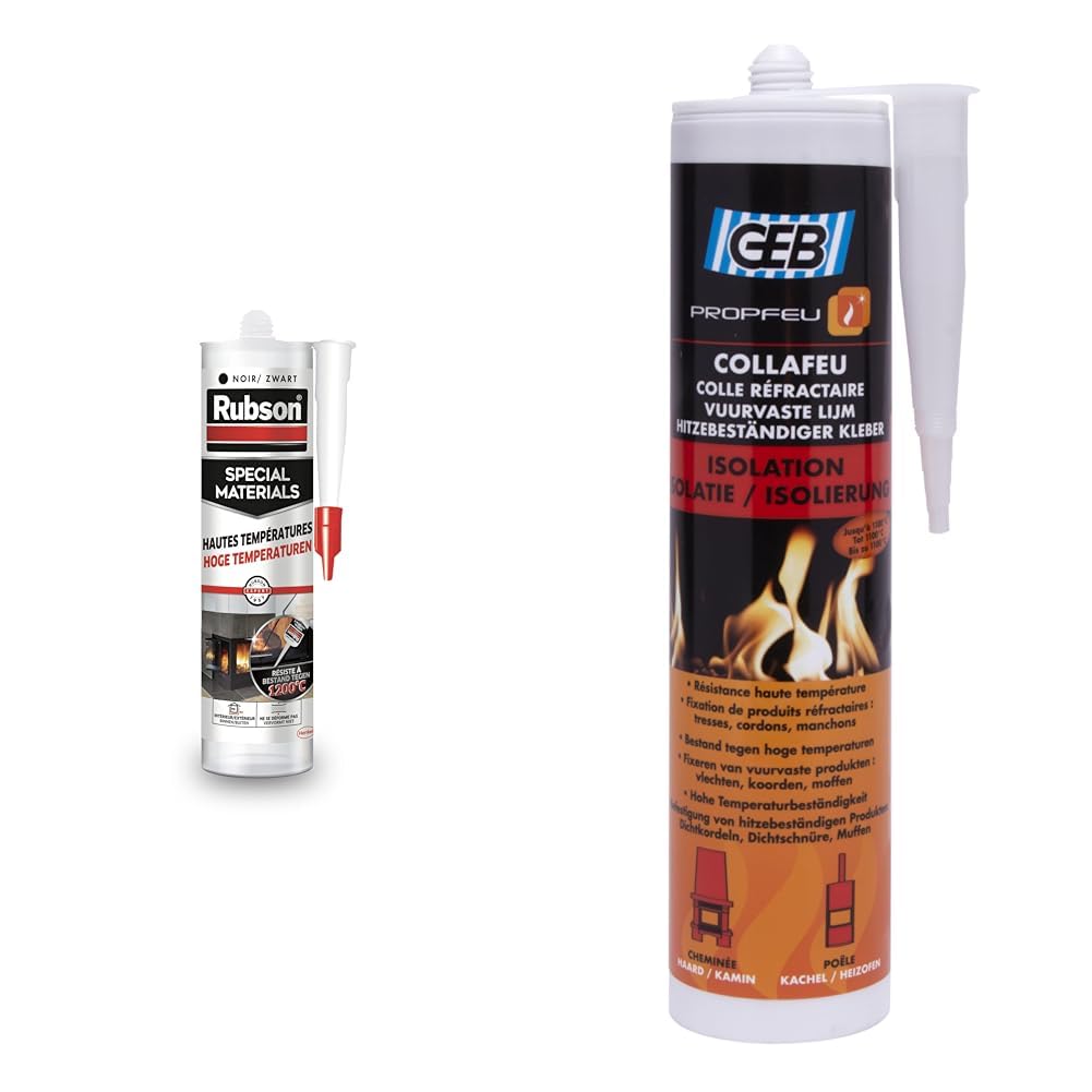 Colle réfractaire Geb Collafeu et mastic Rubson pour réparation de cheminée et insert