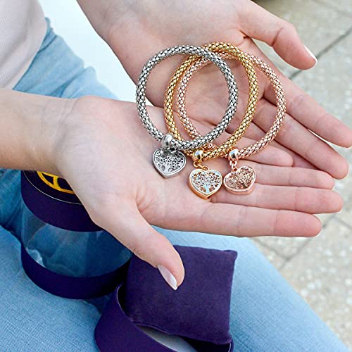 SILANER Crystal Charms Multilayer Bracelets - 3PCS Gold/Silver/Rose Gold Corn Chain Bracelet for Women, Tree of Life Heart Shaped Stretch Bracelet(TREE OF LIFE HEART EDITION CHARM) - Image 4