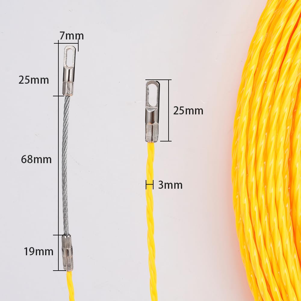 Extractor de Cables, Carrete de Cinta pasacables Fibra Vidrio, Color Amarillo, 3/4/5 mm, 10-50 m(50m,5mm)