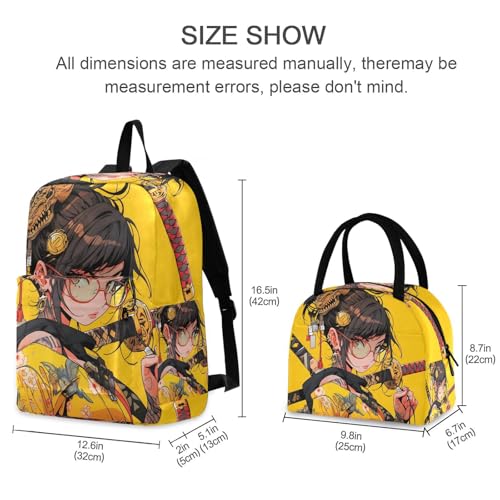 Backpack Lunch Bag Set Yellow Samurai Print, Big Storage Travel Backpacks with Insulated Lunch Box for Office Hiking Picnic2