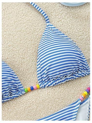 OYOANGLE Women's Striped Triangle Bikini Set 2 Piece Beaded Halter String Swimsuits Tie Side Swimwear3