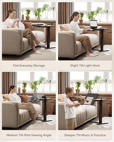 Image of FLEXISPOT Adjustable Height C-Shaped End Table with Single-Side Tilting Top, Mobile Side Table for Sofa & Bedside, Slides Under Furniture, Hidden Wheels for Small Spaces, 27.6 inch W x 15.7 inch D, Black