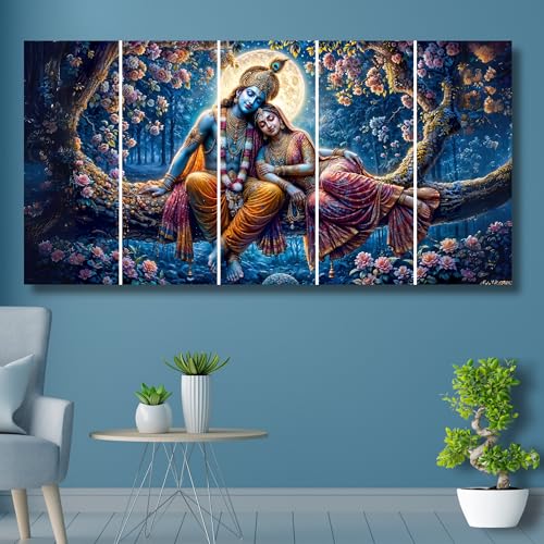 Image of Nozvera Radha Krishna Sparkle Laminated MDF Wall Painting Set of 5 | Radha Krishna Wall Painting Big Size | Wall Art for Living Room Decoration | Wall Decor Items for Home Decor and Bedroom