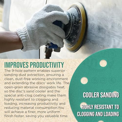 Dura-Gold Premium 220 Grit 5\" Green Film Sanding Discs, 9-Hole Pattern, Box of 50 - Heavy-Duty Dustless Hook & Loop Backing Sandpaper for DA & Random Orbital Sanders, Sand Auto Paint, Wood, Furniture - Thumbnail 5