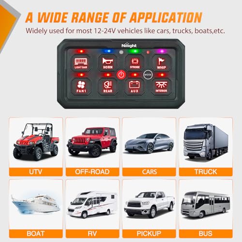 Image of Nilight 8 Gang Switch Panel Red 12V 24V Circuit Control Relay System 4-Mode | Fuse Wiring Harness Automatic Dimmable LED Pod Toggle /Momentary /Strobe /Flash Modes for Car Pickup Truck Camper SUV
