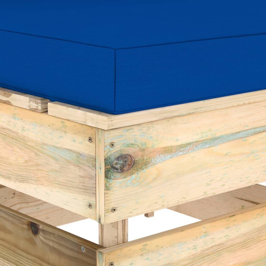 Divano centrale modulare in legno di pino impregnato verde con cuscini blu per salotto esterno, giardino, patio, terrazzo, veranda, set relax componibile con seduta e schienale