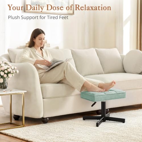 Image of LUE BONA Adjustable Vanity Stool, 15''-19.5'' Foot Rest Under Desk, 360 Swivel Vanity Chair for Makeup Room, Green Upholstered Faux Leather Ottoman for Bathroom & Living Room, 300lbs