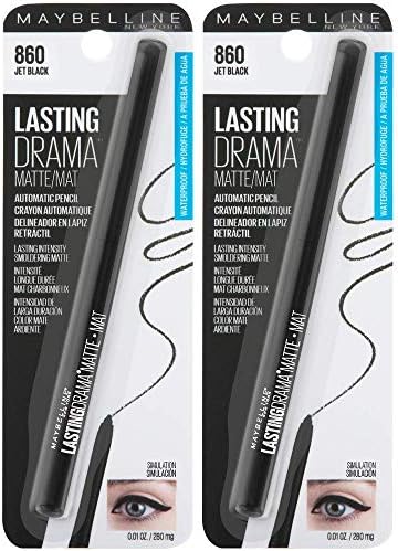 Maybelline Eyestudio Lasting Drama Waterproof Matte Gel Pencil Black Eyeliner Makeup, Jet Black, 2 Count