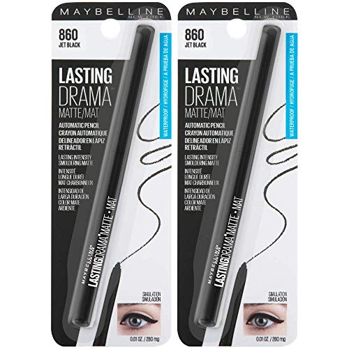 Maybelline New York Maybelline Eyestudio Lasting Drama Waterproof Matte Gel Pencil Black Eyeliner Makeup, Jet Black, 2 Count