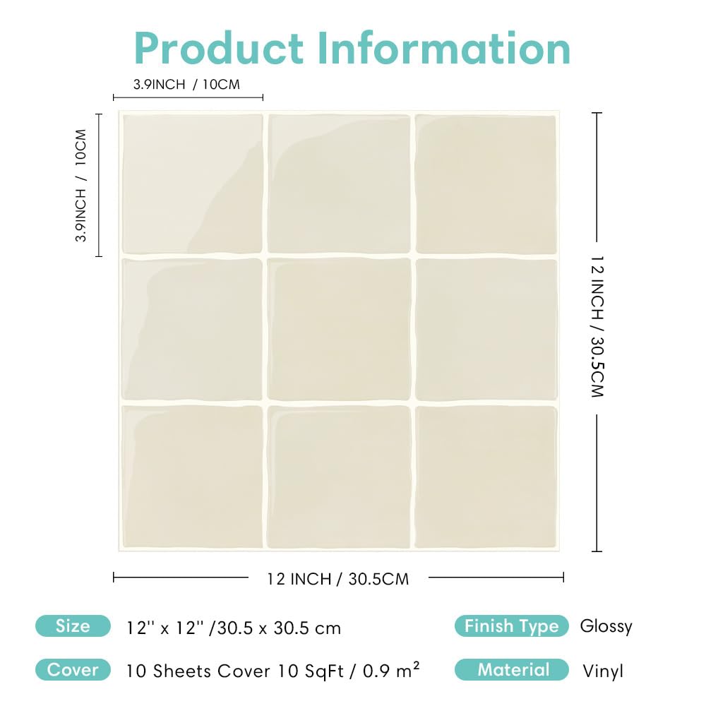Commomy Gruesas Azulejos Adhesivos Cocina, 10-Piezas, 30.5 x 30.5cm, Beige Baldosa Vinilo Cocina Pared Autoadhesivos 3D, Salpicadero Baldosas Adhesivas para Pared Cocina Baño Metro