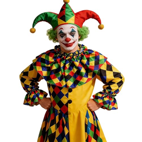WAZHAKU Disfraz de payaso a cuadros extravagantes con cuello sintético desmontable y puños para Halloween, juego de collar y puños de payaso