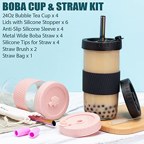 Reusable Boba Cup Glass Bubble Tea Cup 4 Pack, 24Oz Wide Mouth Smoothie Cups With Lids Straw & Silicone Sleeve, Leakproof Mason Jar Drinking Water Bottle Travel Tumbler For Large Pearl Valentine Gifts #TOP5