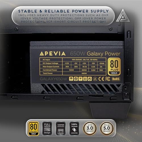 Image of Apevia Galaxy 650W 80+ Gold ATX 3.1 Fully Modular Gaming PSU, PCIe 5.1 Ready 12VHPWR Cable, 135mm Silent FDB Fan, Japanese Capacitors, Reliable Power Supply for RTX 40 /50 Series