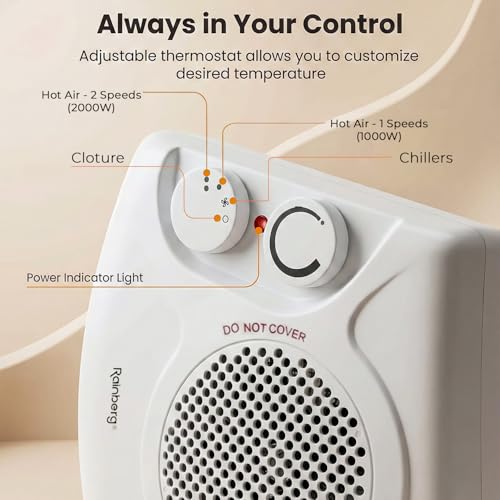 Rainberg Fan Heater 1000/2000W with 2 Heat Settings & Cool Function, Overheat Protection, Quiet Low-Energy Electric Heater for Home & Office, Portable Indoor Room Warmer (313) - Image 5
