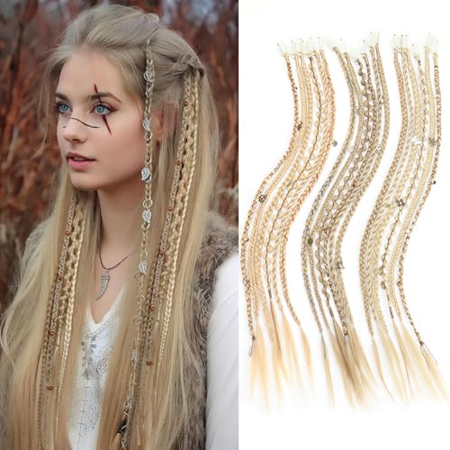 Eliza Clip in Braid Hair Extensions for Women 22 Inch 6pcs Handmade Synthetic Clip in Braid Hairpieces with Beads and Charms Bohemian Hair for Viking costume cosplay themed party(Light Blonde)
