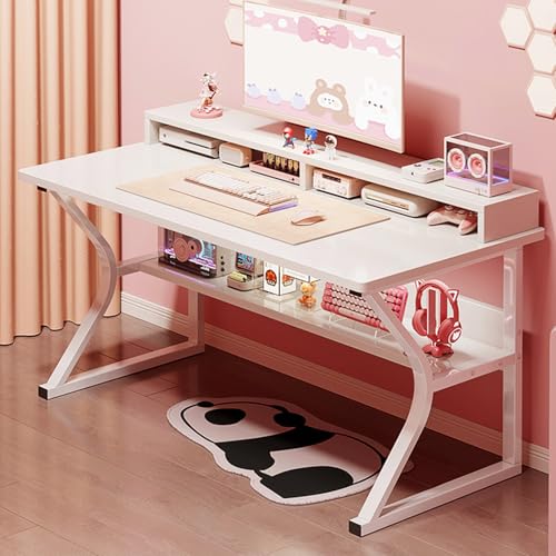 DESINO Gaming Desk with Shelf Computer Desk White C-Shaped Gaming Table PC Gaming Workstation Home Office Desks Space-saving Easy to Assemble (White 100 * 60 * 75cm)