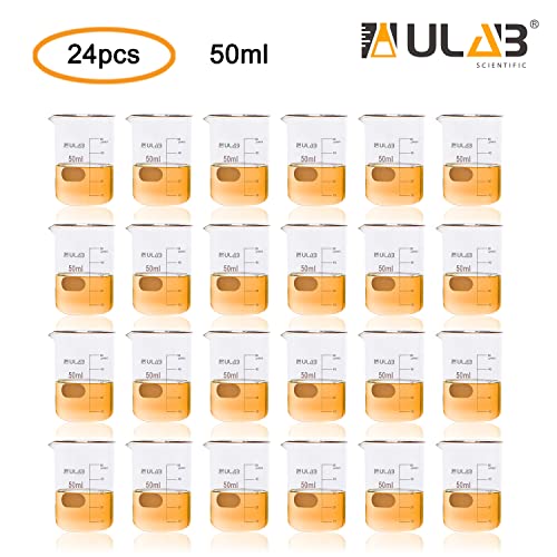 ULAB Scientific Glass Beakers, Vol. 50ml, 3.3 Borosilicate Griffin Low Form with Printed Graduation, Pack of 24, UBG1030