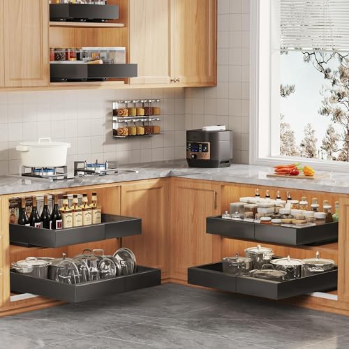 4Pack Expandable Pull Out Cabinet Organizer 21"Deep With Raising Pad for Framed Cabinets,Slide Out Drawers with 4pcs Divider Racks,Roll Out Shelves Adhesive,Adjustable Width 12.05"-20.4"Black