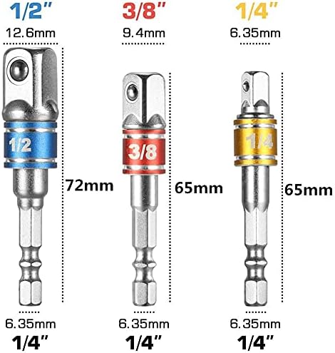 Impact Driver Socket Adapter Set 3 Pieces Wrench Nut Set Connection Extension for 1/4 inch Hex Shank to Square Socket Turn Power Drill(1/4", 3/8", 1/2")