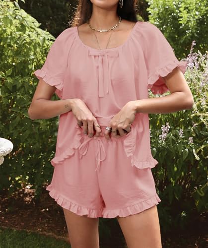 Image of KFUBUO Womens Pajamas Set 2 Piece Ruffle Pj Soft Short Sleeve Tops and Shorts Sleepwear Set Cute Pajama Sets for Women