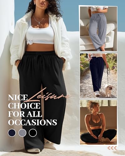 Neer 3 Pack Women's Plus Size Pants Wide Leg Lounge Yoga Pants Casual Baggy Drawstring High Waist Sweatpants with Pockets4