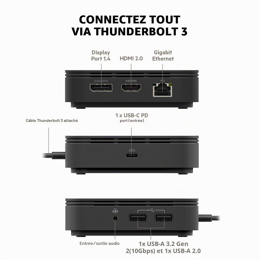Belkin Station d’accueil Thunderbolt 3 Dock Core avec câble Thunderbolt 3 (dock pour Mac et Windows, double affichage 4K à 60 Hz, transfert de données de 40 Gbit/s, puissance de sortie de 60 W)