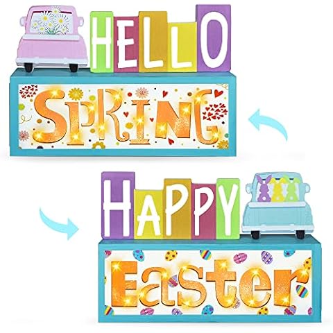 Double Sign Hello Spring/Happy Easter Wooden Block Sign with Led Lights- Spring Easter Farmhouse Home Kitchen Battery Operated Light up Wooden Sign for Table Mantle Tabletop Tiered Tray Decor Cover