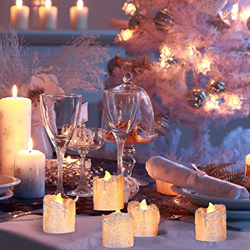 24 Pack Glitter Led Tealights With Dripping Wax Design Flameless Candles Battery Operated Votive Tea Lights Of Warm Yellow Light Decor For Wedding Centerpieces Table Anniversary (Silver) #TOP2