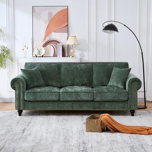 Image of KEIKI 87 inch Oversized Chenille Sofa with Rolled Arms and Nailhead Trim, Upholstered Modern Style 3-Seater Couch with High-Density Foam Cushions, Easy Assembly, for Apartment, Living Room, Green