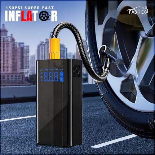 Image of FABTEC 4-in-1 Car Tyre Inflator with Jump Starter - 150 PSI Portable Air Compressor with Digital Display, 15000mAh Battery, Power Bank, SOS LED Light, Tyre Pump for Car, Bike, Bicycle & Balls