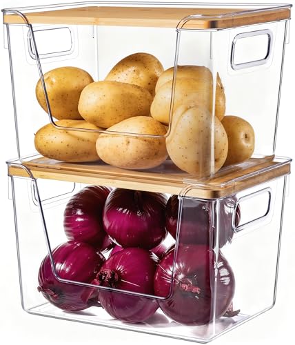 Criusia-2-Set-Pantry-Organizers-and-Storage-with-Bamboo-Lids-Stackable-Clear-Bins-for-Onion-Potato-Fruit-Vegetables-Trash-Bag-Dispenser-Kitchen-and-Under-Sink-Organizer Criusia 2 Set Pantry Organizers and Storage with Bamboo Lids, Stackable Clear Bins for Onion, Potato, Fruit, Vegetables, Trash Bag Dispenser, Kitchen and Under Sink Organizer - Image 1