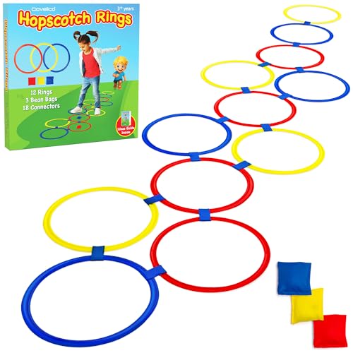 Covelico Hopscotch Rings, 12 x 11 Inch Rings & 3 Bean Bags, Play Hopscotch Outdoor & Indoor Obstacle Course for Kids 3-5, Recess Toys & Physical Education Equipment, Gross Motor Games PE Equipment