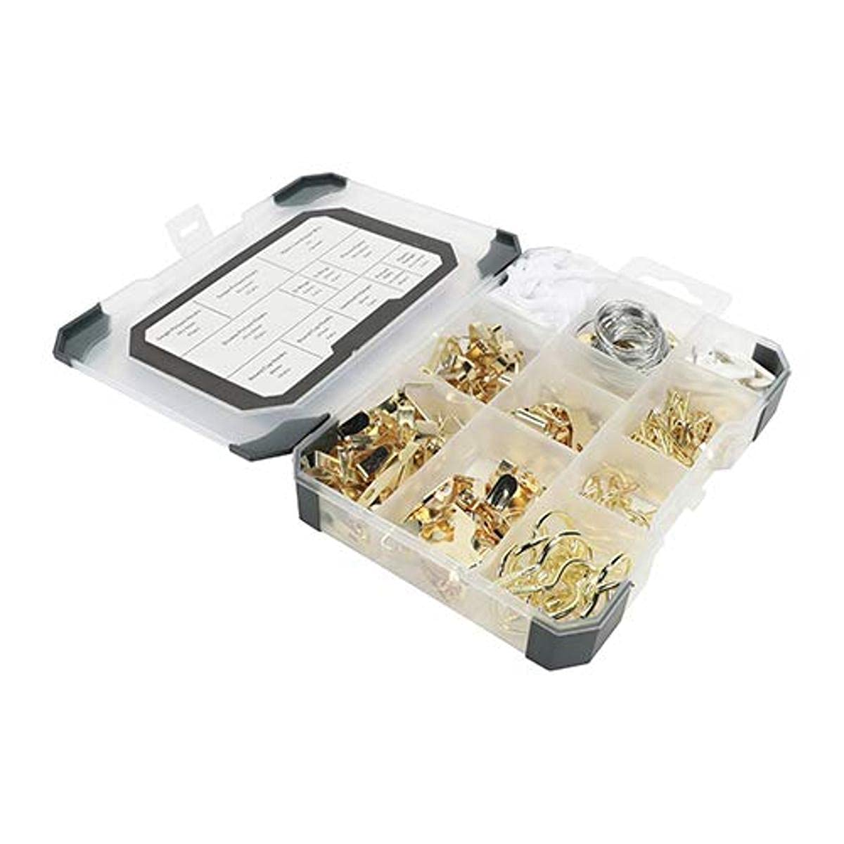 Timco White Picture Hanging Kit Tray - 179Pcs - Brass Plated Picture Plates, Hangers, D-Rings, Picture Nails, Sawtooth Brackets And Hooks