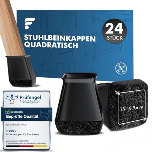 shinfly Stuhlbeinkappen Eckig 24 Stück stuhlbeinschoner Silikon Schutzkappen für Stuhlbeine Filzgleiter für Stühle & Bodenschutz Schräge Stuhlbeine GeräuscharmSchwarz Fit:13-18.9mm