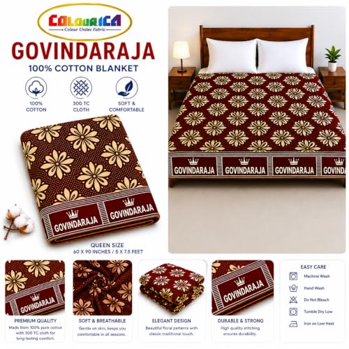 Image of Govindaraja 100% Cotton Blanket | Queen Size (60 x 90 Inches / 5 x 7.5 Feet) | Floral Design | 300 TC Chennimalai Bedsheet | Maroon & Blue (Pack of 2) | Pattern May Vary