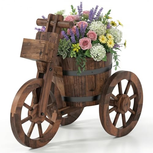 COSTWAY Maceta de Madera de Triciclo, Macetero Carrito de Flores con Agujero de Drenaje y Caja para Cultivar Verduras y Hierbas, Maceta Carretilla de 3 Ruedas Decoración Jardín Interior y Exterior