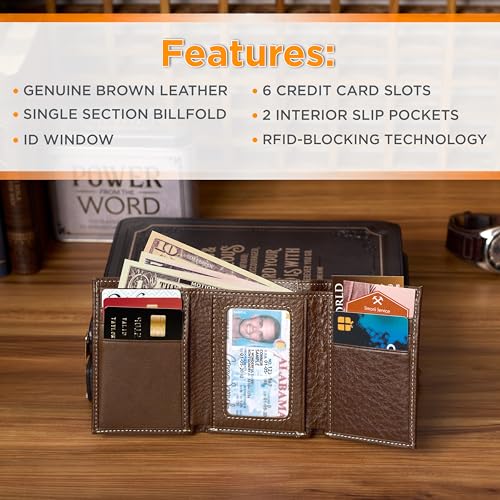 Christian Art Gifts Genuine Leather Wallet for Men RIFD Blocking Multi-purpose Slots Single-section Billfold Card Holders Quality Classic Brown Leather Trifold Wallet for Men - Names of Jesus Cross4