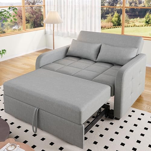 Sofá cama de 2 plazas extensible con función de dormir, lino, 110 x 180 cm, superficie de descanso de 3 puntos, ajustable, incluye 2 cojines pequeños