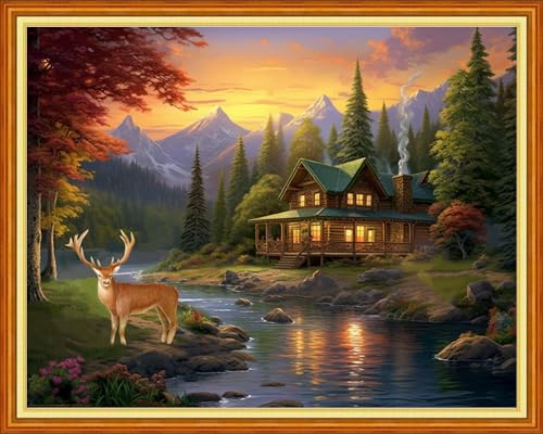 Image of Redxing Stamped Cross Stitch Kits Embroidery kit for Beginners Adults Full Range of Embroidery Patterns Starter Kits DIY Printed Cross Stitch Kits Needlepoint Kits 11CT-Beautiful Home 16x20 inch