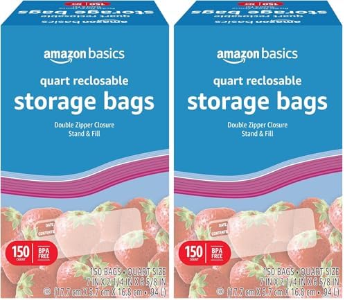 Amazon Basics Reclosable Quart Food Storage Bags with Double Zipper Seal, BPA Free, 150 Count (Pack of 2)