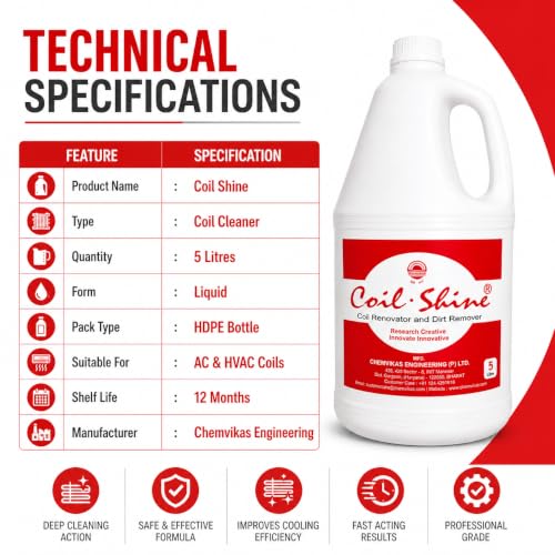Image of Coil Shine AC Coil Cleaner 5 Litre | Professional Grade HVAC Coil Cleaning Liquid | Deep Dirt & Dust Remover | Improves Cooling Efficiency | Heavy Duty HDPE Bottle (Pack of 1)