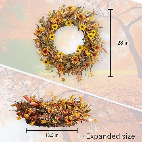 Large Fall Front Door Wreath28 Artificial Floral Wreath with Colorful Daisies and Autumn Foliage Fall Orange Wreath for Front Door Wall Window and Thanksgiving Decor