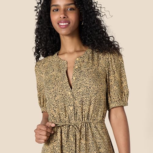 Image of Amazon Essentials Women's Fit and Flare Half-Sleeve Breathable Button Front Drawstring Waist Midi A-Line Dress with Pockets