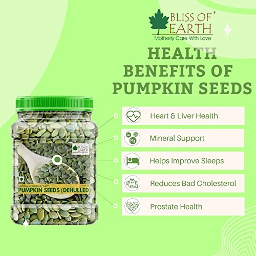 Image of Bliss of Earth Pumpkin Seeds - Dehulled Naturally Organic Superfood for Eating - Rich in Protein & Fiber, Healthy Snack for Salads, Baking & Smoothies - Pumpkin Seed 600gm