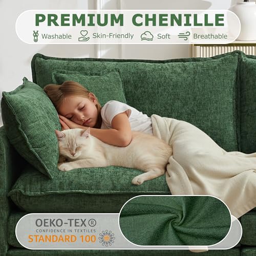 Image of 148 inch Modular Sectional Sofa, U Shaped Cloud Couch with 2 Ottomans | Comfy Chenille Deep Seat Sofa with Throw Pillows, 6 Seat Modern Couches for Living Room Bedroom Apartment, Green, 148 inch U