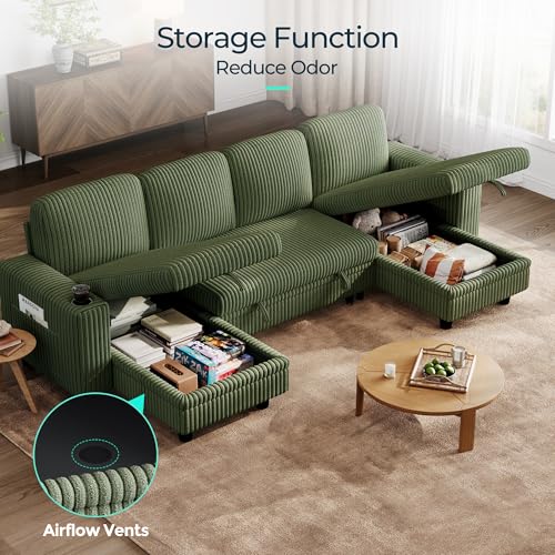 Image of LINSY HOME Sectional Sleeper Sofa Pull Out Couches for Living Room (Green, Sleeper Sofa 3) | Pull Out Sofa Bed, Storage, USB Charging, Cup Holders, Plush Corduroy
