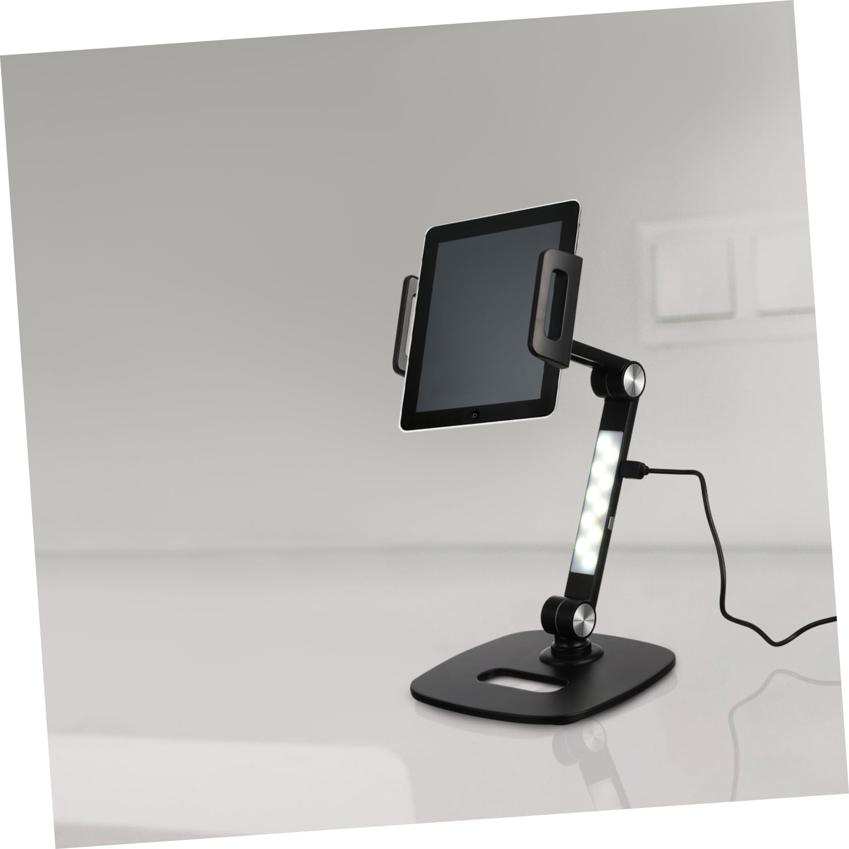 Housoutil Supporto Tablet in Alluminio Nero Regolabile Rotazione 360° | Base da Tavolo Testa Sferica e Doppio Asse, Struttura Pieghevole, LED Incluso